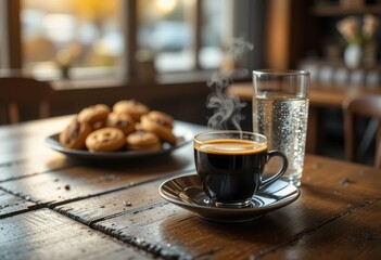 Enjoying Hot Coffee with Cookies and Water on Rustic Wood Table