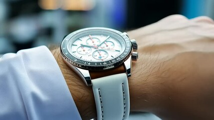 Close-up of a wristwatch with a white face and red hands - Powered by Adobe