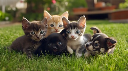 Obraz premium Playful Kittens and Puppies: A group of playful kittens and puppies frolicking together in a grassy backyard. 