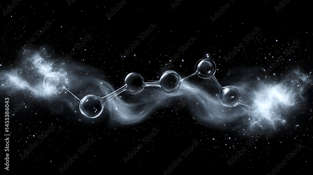 Poster abstract molecular structure floating in a cosmic nebula; science, technology, and the universe visu