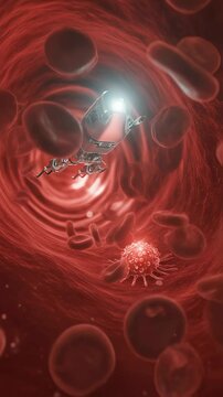 Futuristic nanobot technology in human bloodstream for medical treatment. Microscopic robots fighting viruses among red blood cells. Innovative healthcare concept.