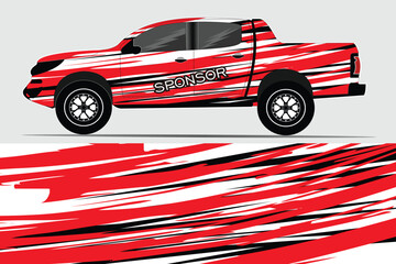 Red and black pickup truck with racing stripes design