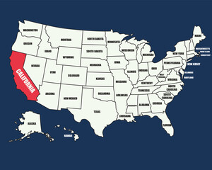 United States map with labeled states, highlighting California, perfect for education, travel, and geography use.