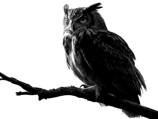 Fototapeta premium A majestic great horned owl perched on a weathered branch stares intently forward in a detailed black and white illustration.