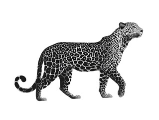 Fototapeta premium A majestic leopard strides elegantly across a pristine white background showcasing its striking black and white spotted coat.