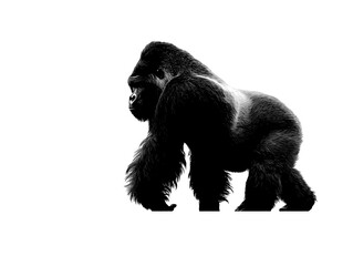 A majestic silverback gorilla stands powerfully against a stark white background showcasing its immense strength and presence.