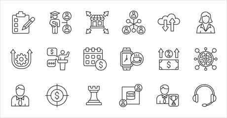 Business company icon set. Management icons. Contains symbol of finance, success, data, businessman, target, customer service, work, money, store, shop, meeting, education, idea. Vector illustration