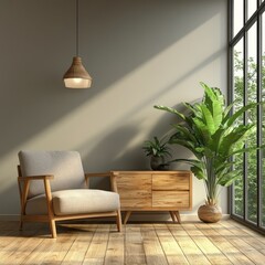Modern, minimalist interior featuring a cozy armchair.