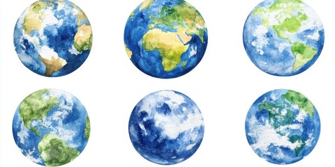 Watercolor globes of Earth, showing different views of the continents and oceans  Each globe features a unique perspective