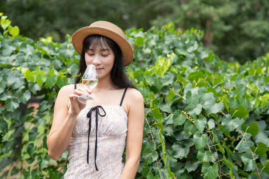 Elegant Asian Woman Savoring White Wine at a Scenic Winery.