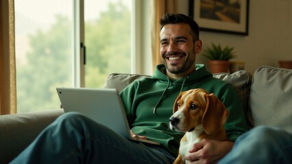 Man Relaxing With Beagle Dog At Home