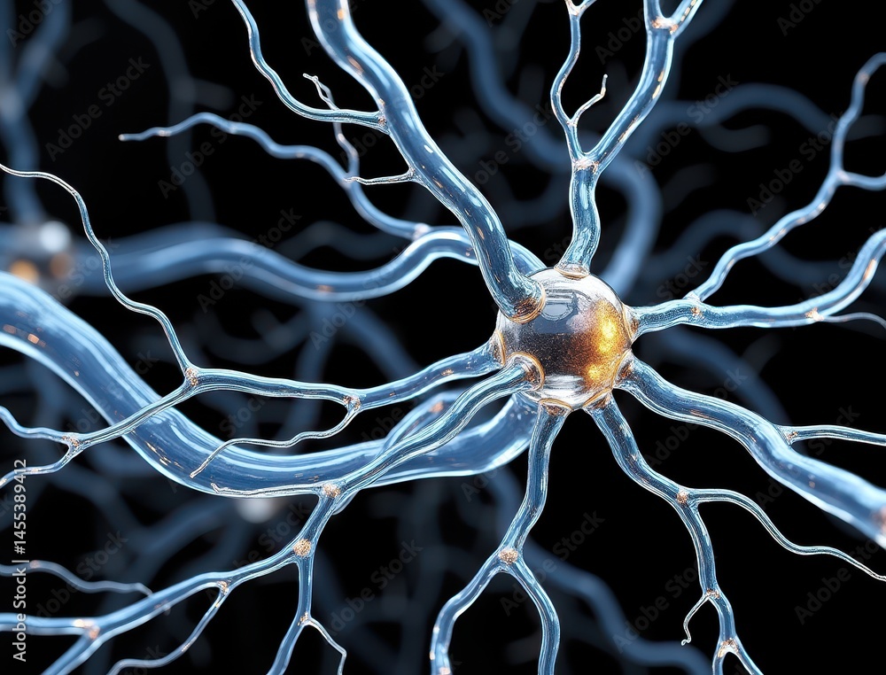 Aufkleber A digital illustration of a neuron cell with branching dendrites and an illuminated cell body on a dark background.