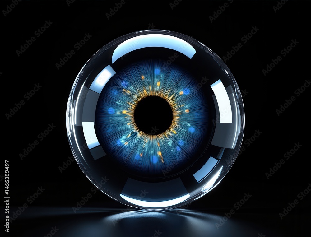 Poster a digital rendering of a glowing blue and yellow iris, designed to resemble a futuristic eye or lens