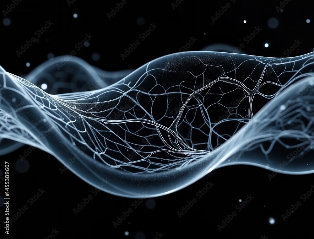 Poster abstract digital wave with interconnected neural-like lines on a dark background, symbolizing techno