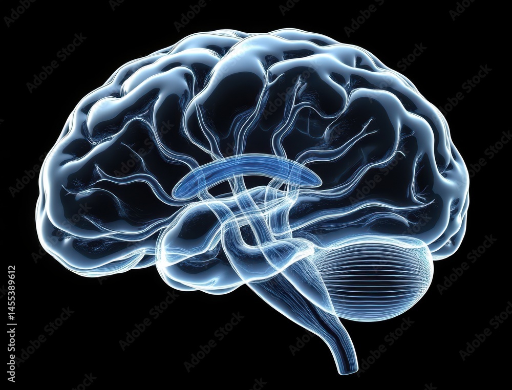 Poster a glowing digital illustration of a human brain shows neural pathways and anatomical structure on a 