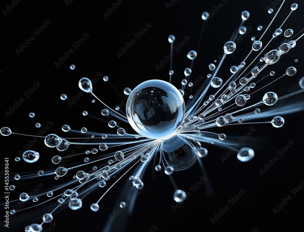 Poster close-up of water droplets radiating from a central sphere against a black background, creating a dy