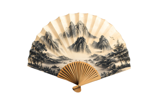 Chinese folding fan Chinese mountains isolated on transparent background
