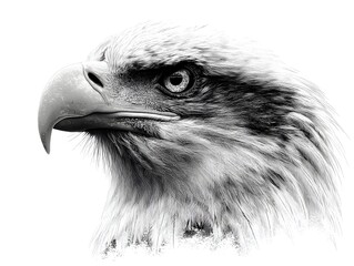A majestic bald eagle head and neck portrait in striking monochrome detail against a pure white background.