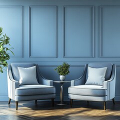 Elegant light blue room with classic armchairs.