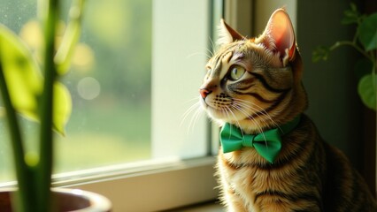 Bengal Cat Wearing Green Bow Tie