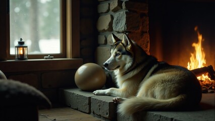 Husky Dog Relaxing By Fireplace In Winter