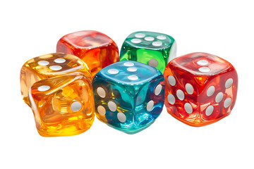 Translucent Colorful Dice: Red, Orange, Yellow, Green, Blue, Scattered on White.