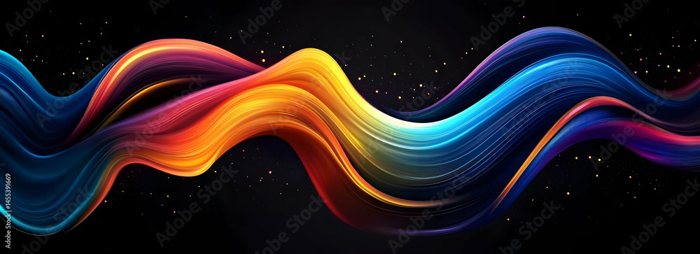 Poster vibrant abstract waves of color flow gracefully across a dark background, creating a dynamic and mod