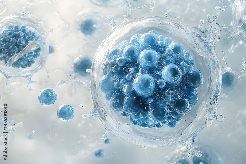 Poster a vibrant close-up of microscopic blue cells suspended in a fluid medium, showcasing intricate cellu