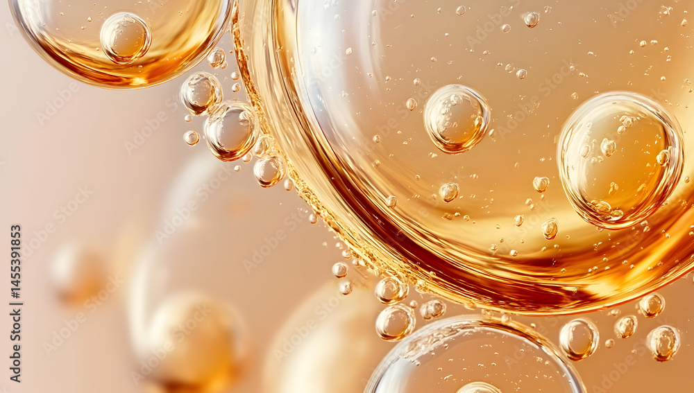 Poster close-up of golden bubbles suspended in a liquid, showcasing a beautiful blend of light and texture.