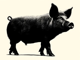 Fototapeta premium A detailed black and white illustration depicts a large black pig standing on a light beige background looking towards the right.