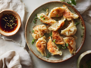 Japanese chicken gyoza in a  handmade Japanese ceramic plate with a dipping sauce.