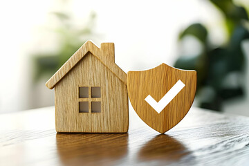 A wooden house model next to a shield symbolizing security and protection. Ideal for concepts related to home safety, insurance, and real estate.