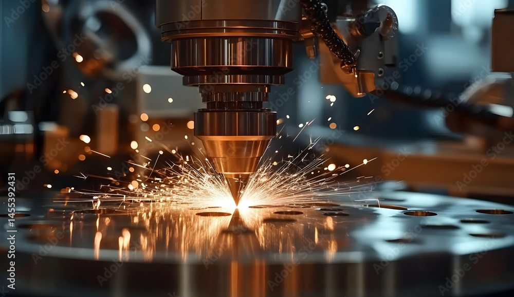 Poster close-up shot of a laser cutting machine in action, showcasing sparks and precision engineering in a