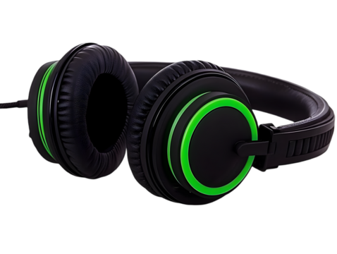 Black Headphones With Green Accents Isolated on Transparent Background