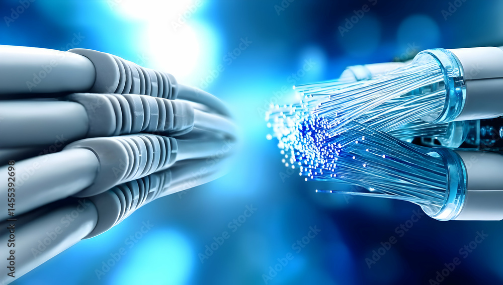 Poster close-up of digital cables connecting, symbolizing data transfer and communication in a modern digit
