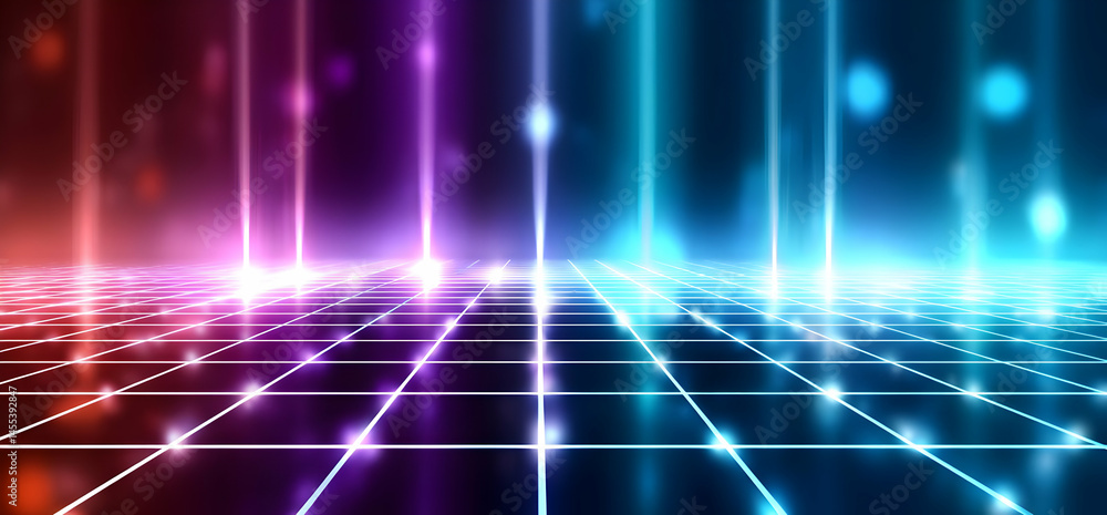 Poster a vibrant digital background featuring colorful beams of light creating a mesmerizing grid pattern, 