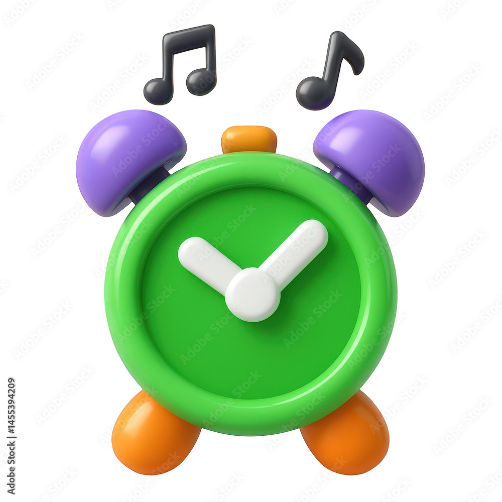 Poster stylized 3d rendering of a classic twin-bell alarm clock showing vibrant colors and indicating an au
