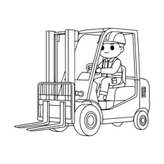 illustration of man driving a Forklift, construction vehicles and equipment, coloring page
