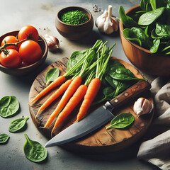 Fresh Carrots, Spinach and Tomatoes on Wooden Board – Salad Preparation Scene