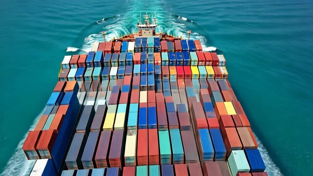 A large cargo ship sails through the open ocean, loaded with colorful shipping containers. The aerial view highlights global trade, logistics, and maritime transportation in international commerce.