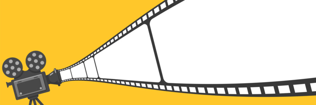Cinema projector. Movie time. Vintage film camera reel. minimalist flat design vector illustration. Yellow background. Can used for presetation, advertising, marketing, banner, invitation