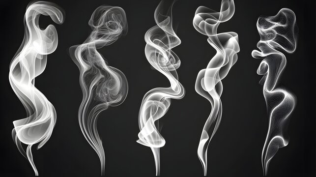 A series of smokey, long, white smoke trails. The smoke is coming from a variety of sources, including a cigarette, a candle, and a fire. The smoke is thick and billowing