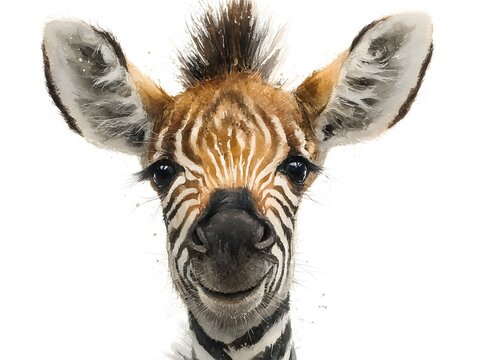 An adorable baby zebra foal smiles sweetly for the camera in a close-up portrait against a pure white background.