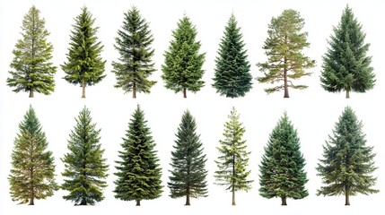 Collection of Evergreen Trees Isolated on White Background