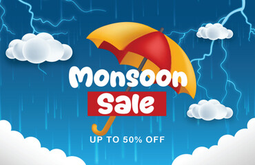 Monsoon banner sale with 3d clouds lightning
