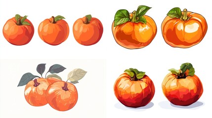 Vibrant orange fruits and pumpkins, illustrations