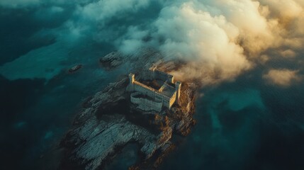 Captivating aerial view of a shrouded island fortress amidst ethereal clouds and turquoise water an atmosphere of mystery