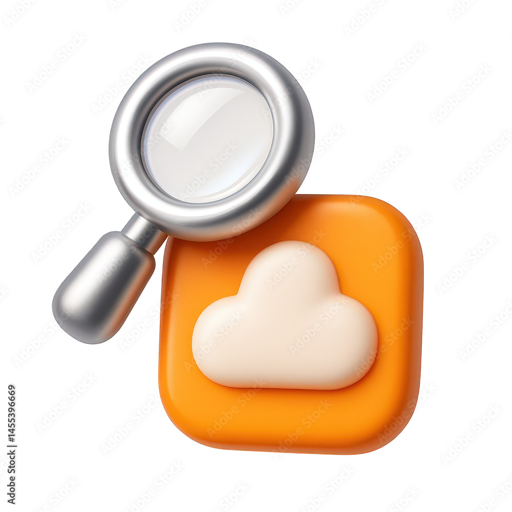 Poster data discovery concept shiny metallic magnifying glass examining a soft cloud shape on a smooth oran