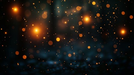 Enchanted Forest Night: A mystical scene of glowing orbs and particles floating in a dark forest at night, creating a magical, ethereal atmosphere.