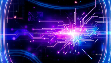Futuristic Digital Technology Background with Neon Circuit Lines and Purple Blue Gradient Illumination